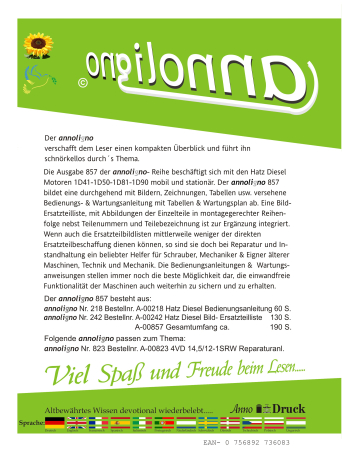 Hatz Diesel Motor Typen 1D41-1D50-1D81-1D90 Bedienungsanleitung & Bild-Ersatzteilliste & Explosionszeichnungen - annoligno 857